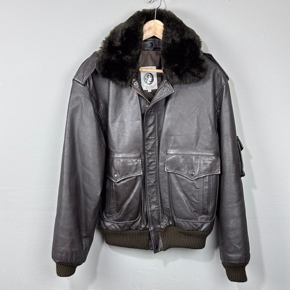 American Express Flight Jacket Mens 42 Brown Leather Removable Fur Collar Bomber